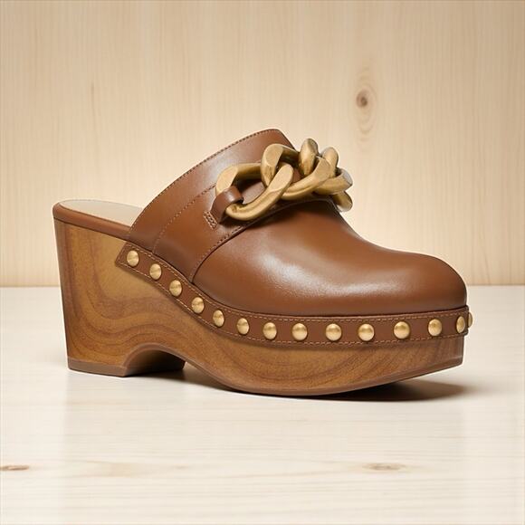 Michael Kors Clogs Mules Women's Size 8 Scarlett Gold Chain/Studded Chocolate - Picture 2 of 14